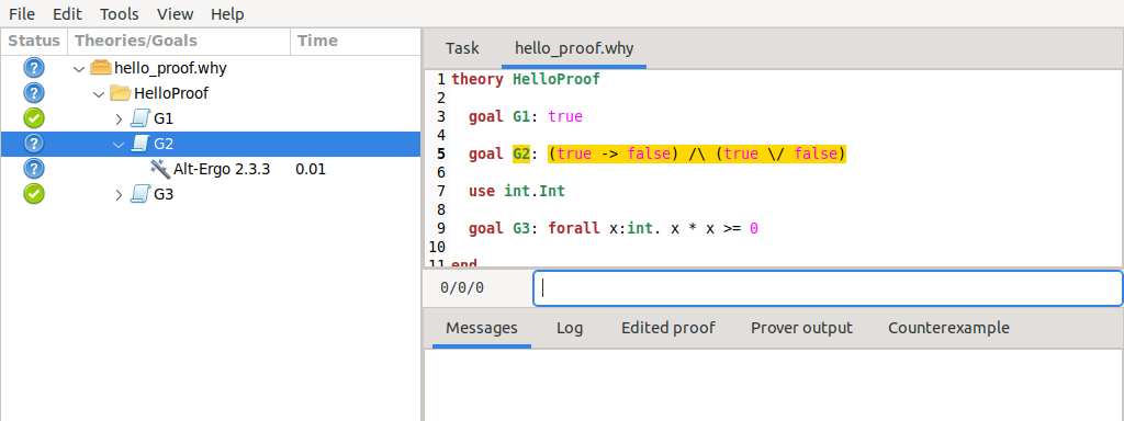 The GUI after running the Alt-Ergo prover on each goal.